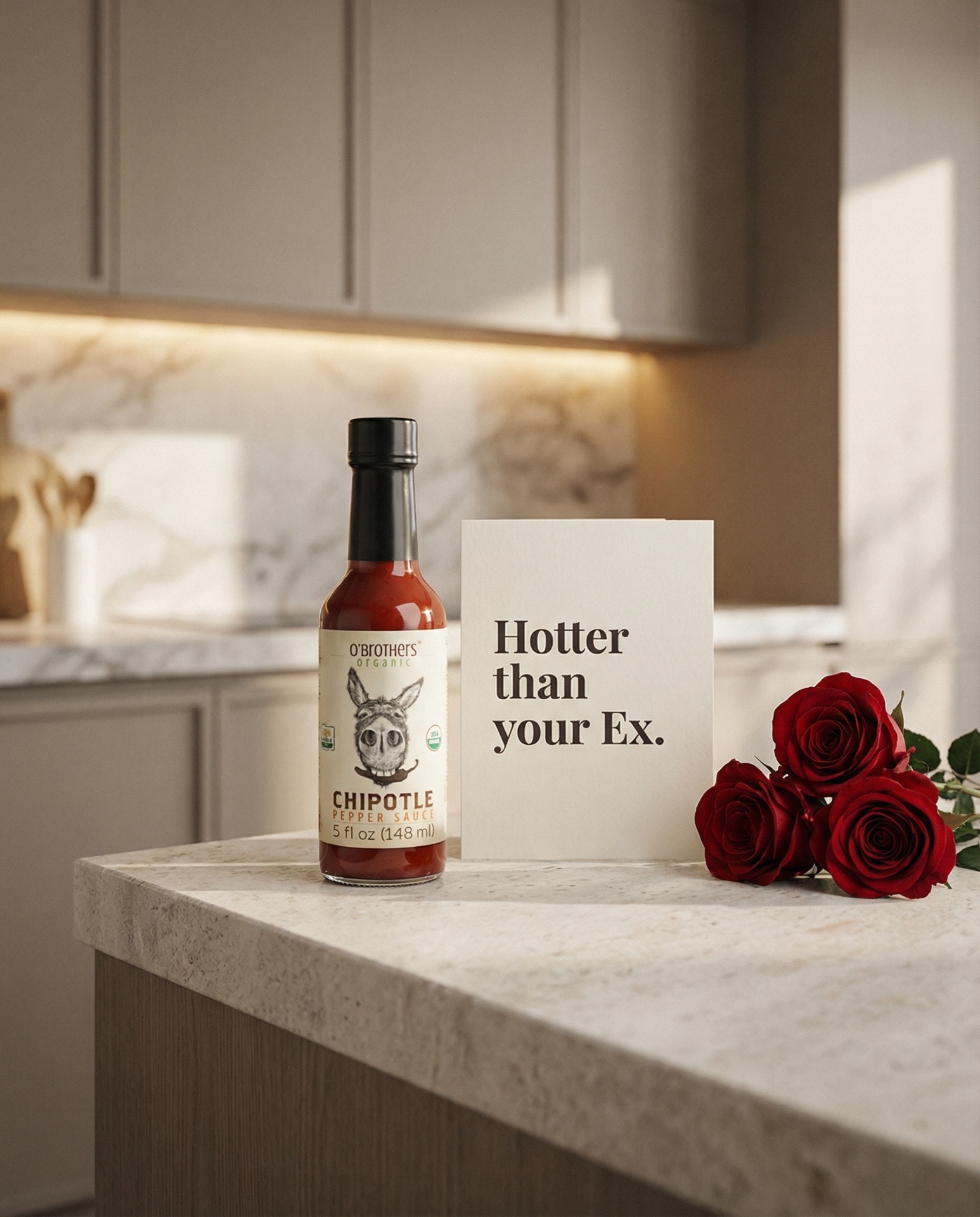 Hot sauce product still life with roses and card